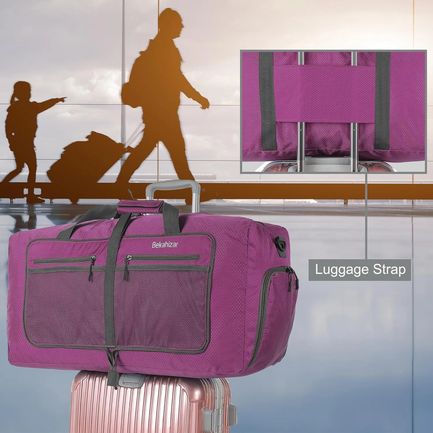 Travel Duffle Bag 60L Lightweight Foldable Duffel Bag Large Packable Overnight Bag Carry On Luggage with Shoe compartment for Men Women Camping Storage Gym Sports Beach (Purple)