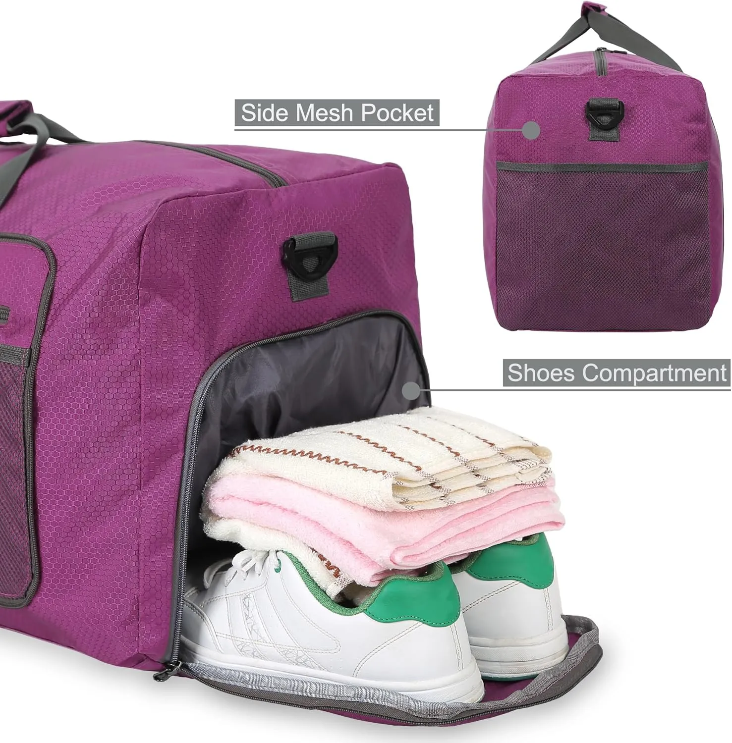 Travel Duffle Bag 60L Lightweight Foldable Duffel Bag Large Packable Overnight Bag Carry On Luggage with Shoe compartment for Men Women Camping Storage Gym Sports Beach (Purple)