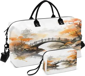 Travel Duffle Bag, Autumn Tree Bridge Gym Bag with Storage Bag Weekender Overnight Bag for Men Women Trip Sports Yoga