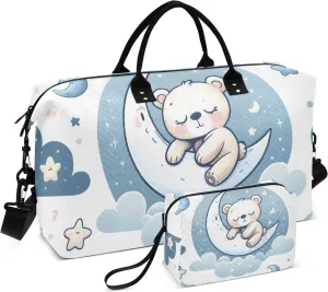 Travel Duffle Bag, Cute Little Teddy Bear Sleeping on The Moon Gym Bag with Storage Bag Weekender Overnight Bag for Men Women Trip Sports Yoga