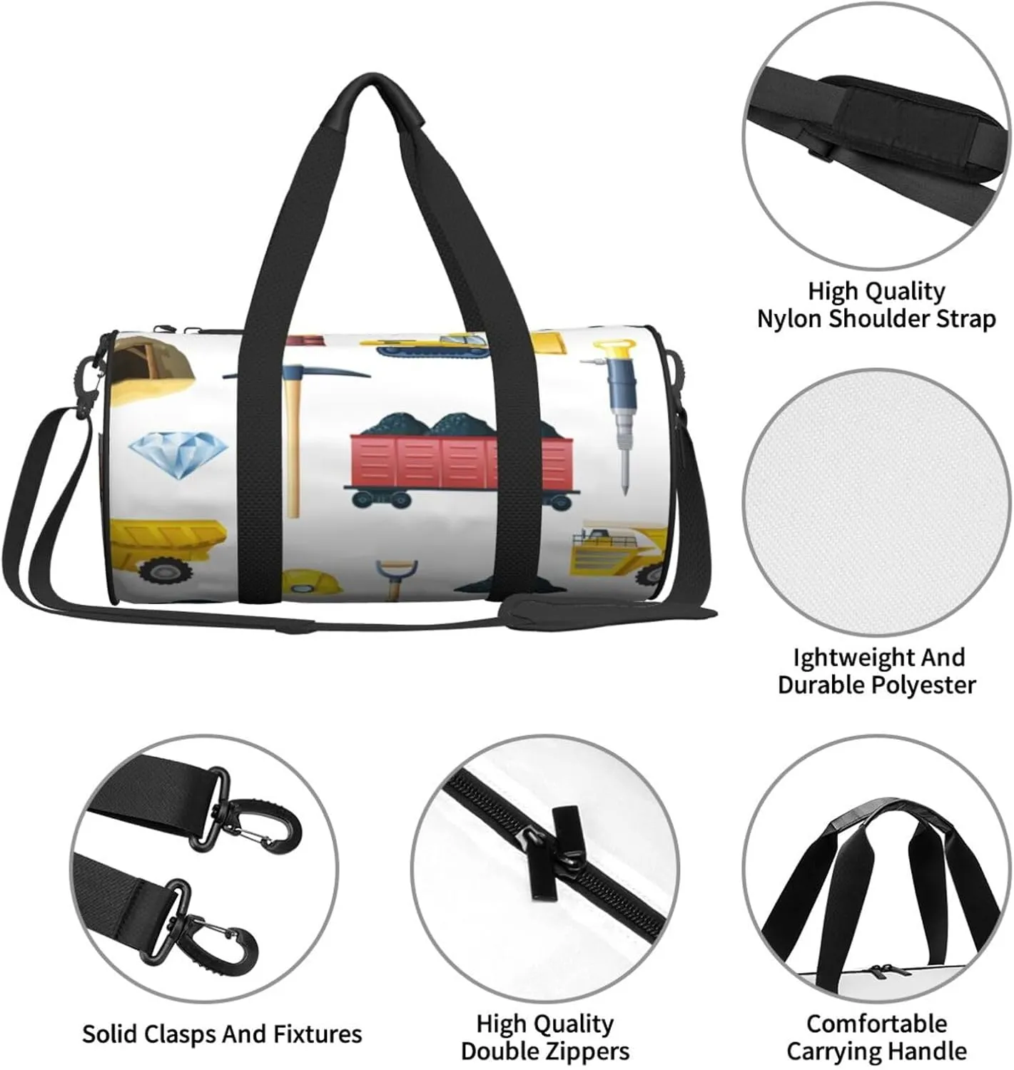 Travel Duffle Bag for Men Women, Mining Industry White Duffle Bags for Sport Gym Overnight Luggage