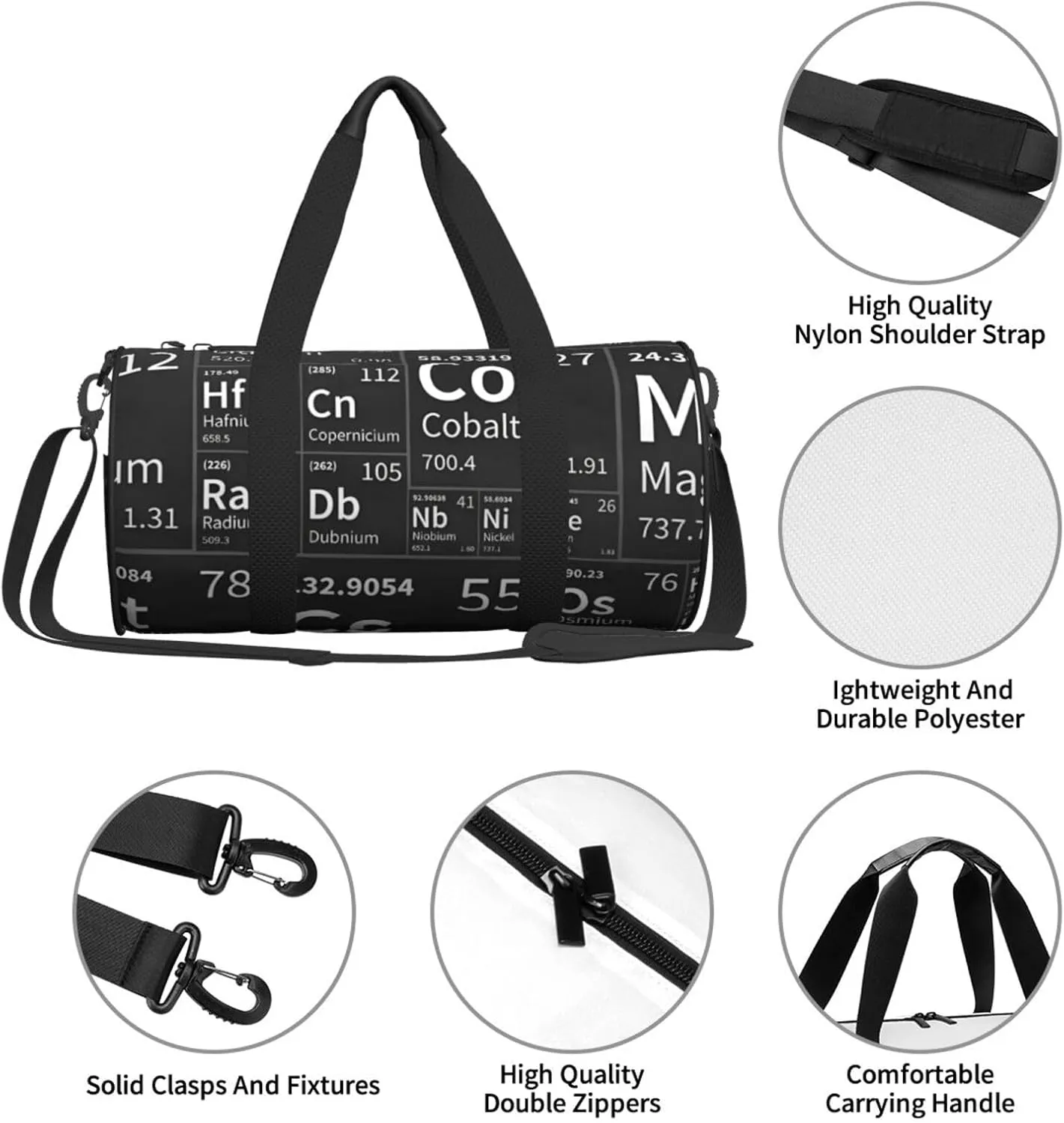 Travel Duffle Bag for Men Women, Periodic Table Science Chemistry Duffle Bags for Sport Gym Overnight Luggage