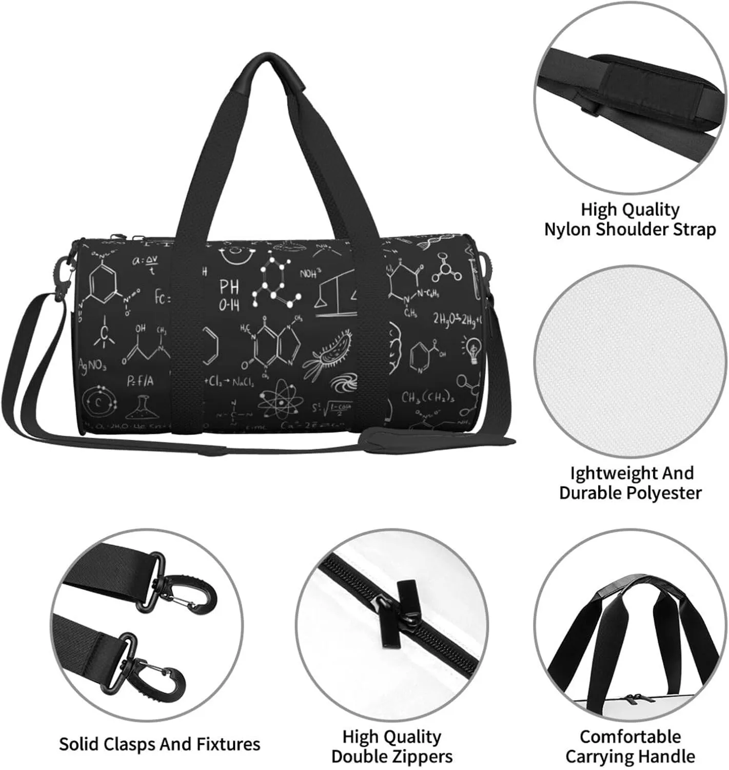 Travel Duffle Bag for Men Women, Scientific Chemistry Chalkboard Duffle Bags for Sport Gym Overnight Luggage