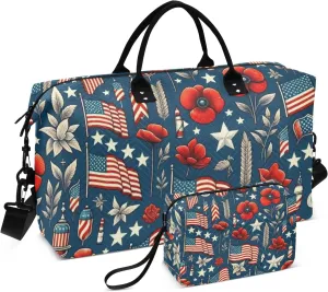 Travel Duffle Bag, Memorial Day American Flags Gym Bag with Storage Bag Weekender Overnight Bag for Men Women Trip Sports Yoga