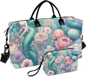 Travel Duffle Bag, Mermaid Girls and An Array Of Delicate Flowers Gym Bag with Storage Bag Weekender Overnight Bag for Men Women Trip Sports Yoga