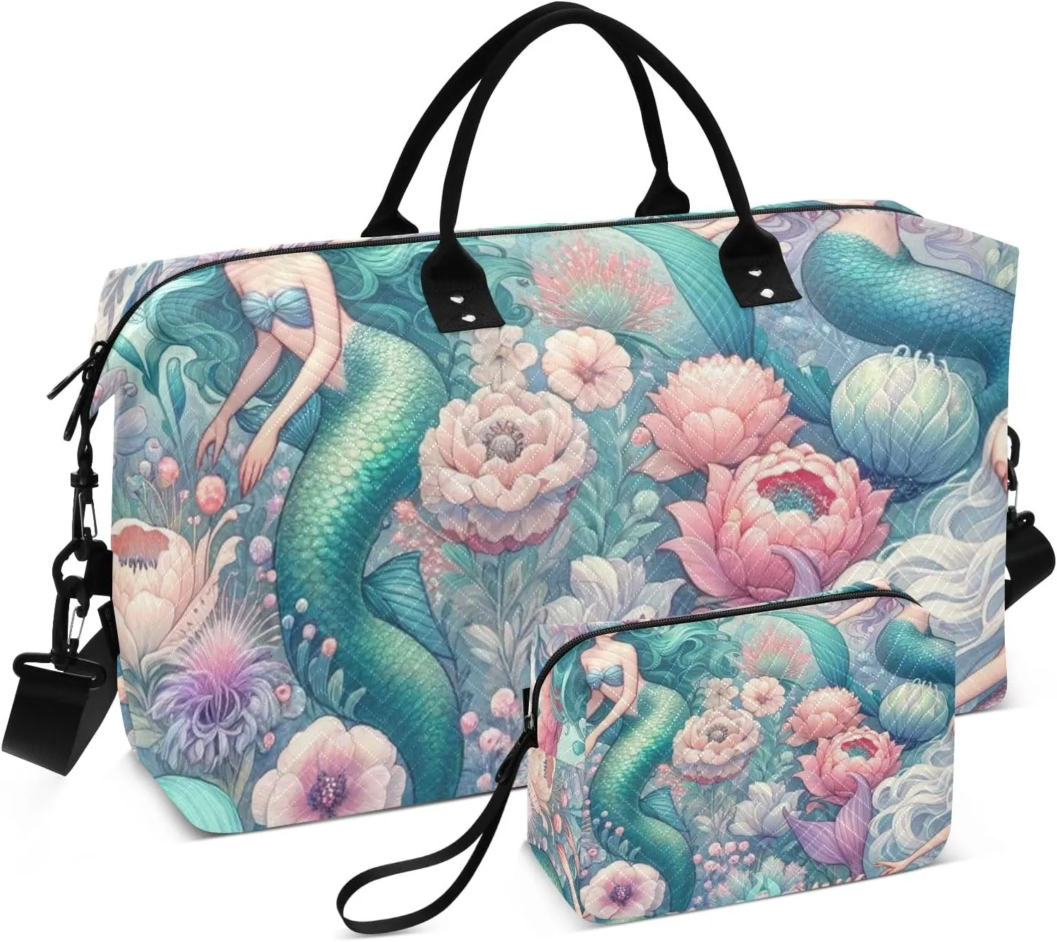 Travel Duffle Bag, Mermaid Girls and An Array Of Delicate Flowers Gym Bag with Storage Bag Weekender Overnight Bag for Men Women Trip Sports Yoga