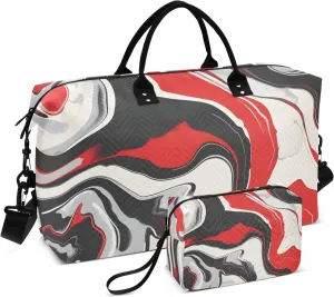 Travel Duffle Bag, Red Gray White Black Liquid Marble Gym Bag with Storage Bag Weekender Overnight Bag for Men Women Trip Sports Yoga