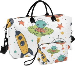 Travel Duffle Bag, Rockets Aliens Spaceship Gym Bag with Storage Bag Weekender Overnight Bag for Men Women Trip Sports Yoga