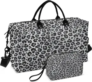 Travel Duffle Bag, Snow Leopard Print Gray Gym Bag with Storage Bag Weekender Overnight Bag for Men Women Trip Sports Yoga