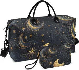 Travel Duffle Bag, Tribe Moon Stars Black Gym Bag with Storage Bag Weekender Overnight Bag for Men Women Trip Sports Yoga