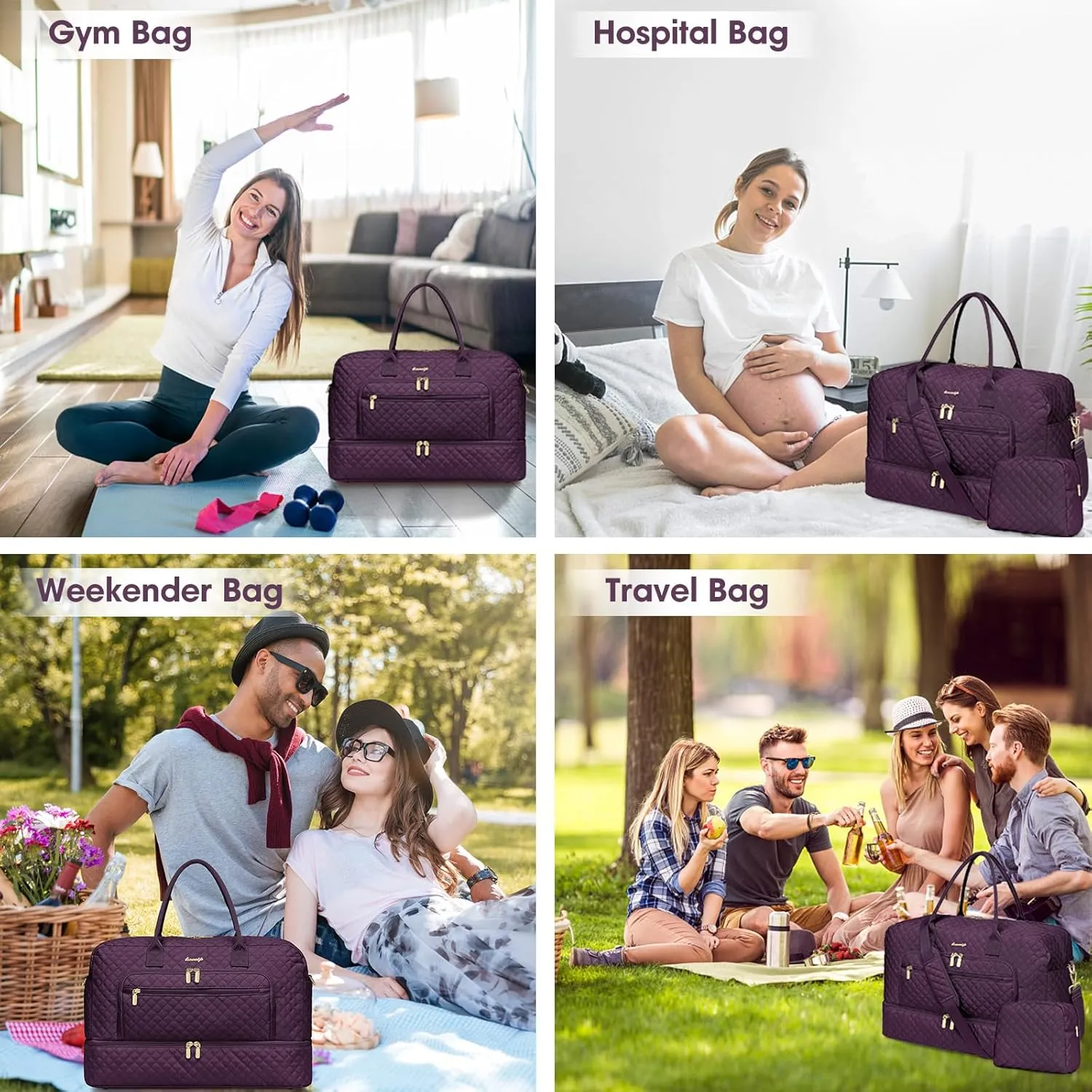Travel Duffle Bag Weekender for Women - Carry-On Overnight Bag Personal Item Bag with Shoe Compartment & Wet Pocket Large Weekend Tote Bags with Toiletry Bag Hospital Bags for Labor and Delivery
