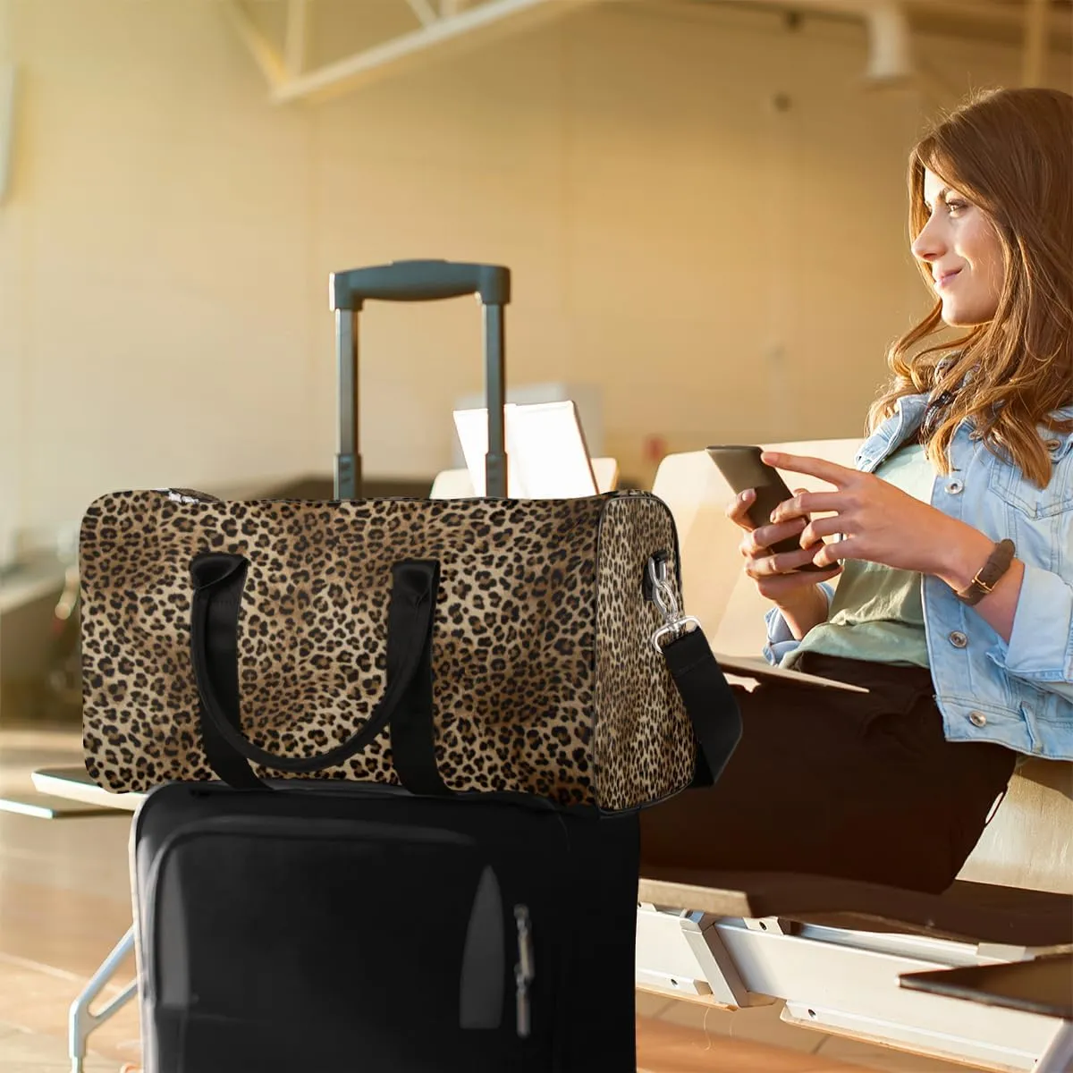Travel Duffle Bag Women, Animal Leopard Skin Gym Bag Sports Bag, Lightweight Waterproof Foldable Overnight Bag, Carry on Shoulder Tote Bags for Hospital Maternity Mommy Gym