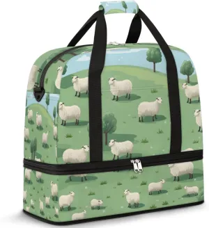 Travel Weekend Bag Herd Sheep Sports Tote Gym Bags for Women Men, Sheeps on Hillside Meadow Shoulder Weekender Overnight Bag with Shoes