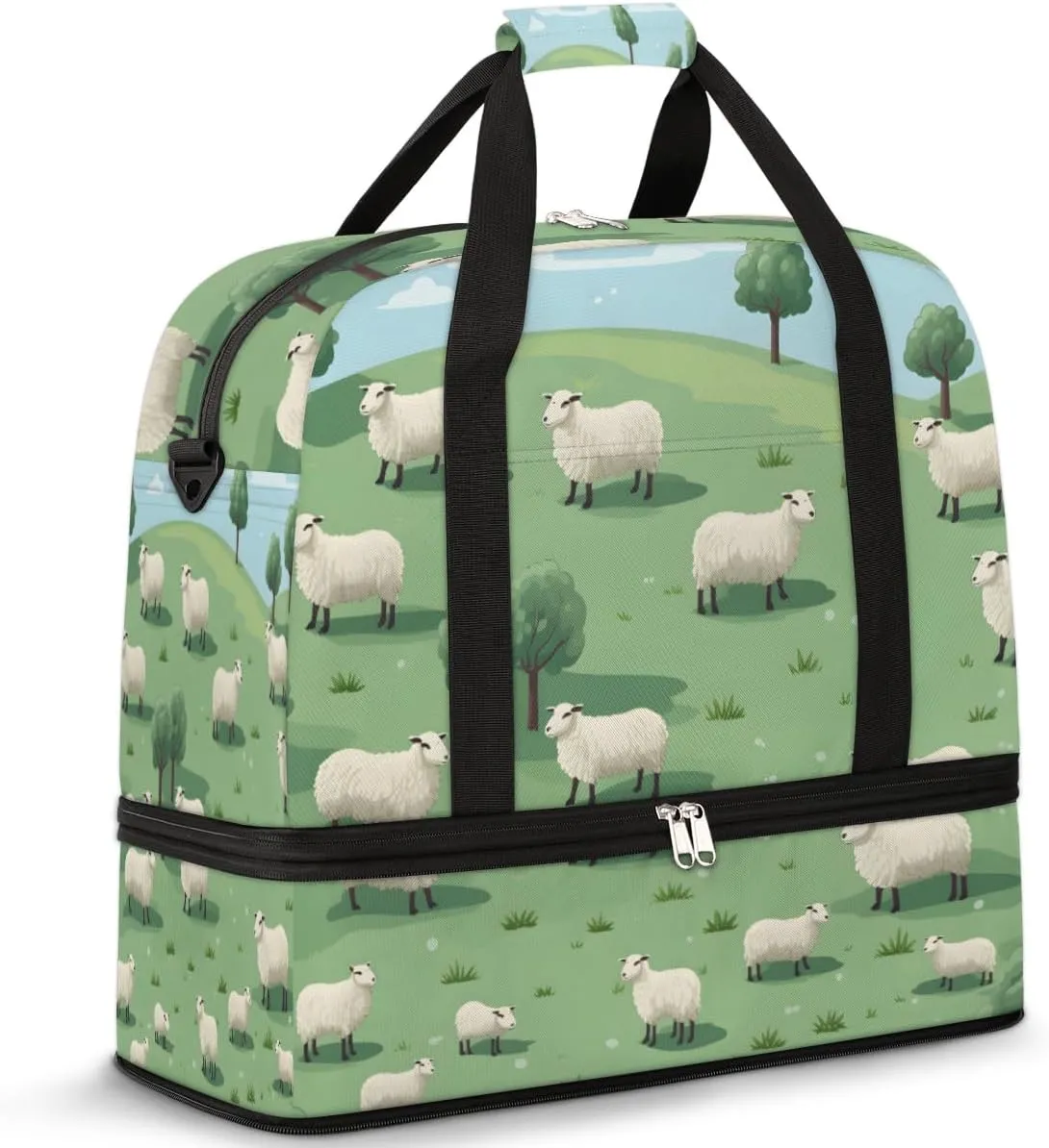Travel Weekend Bag Herd Sheep Sports Tote Gym Bags for Women Men, Sheeps on Hillside Meadow Shoulder Weekender Overnight Bag with Shoes