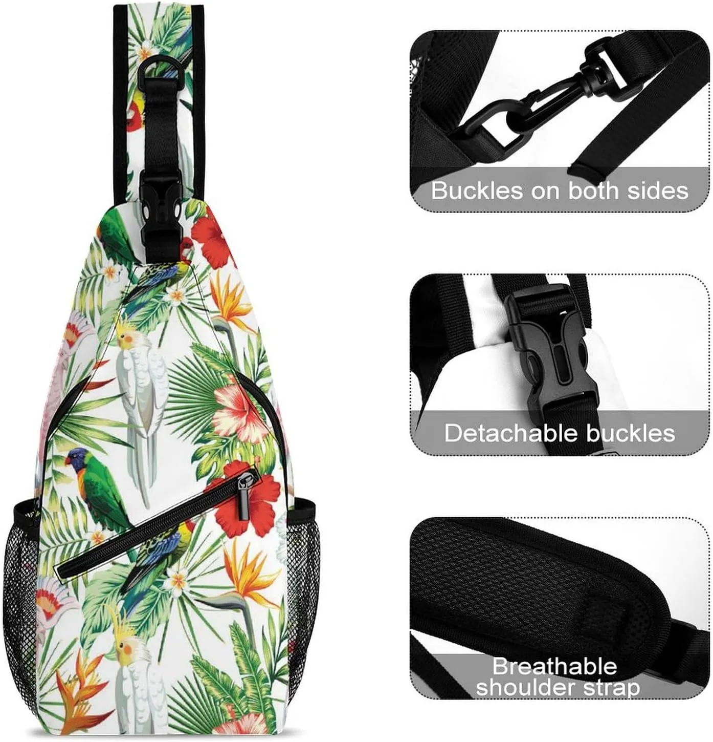 Tropic-exotic-birds-white Crossbody Backpack For Men Women, Chest Bag Shoulder Bag, Travel Daypack Sling Backpack