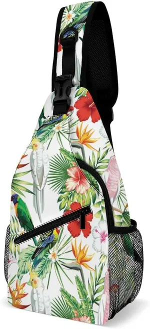 Tropic-exotic-birds-white Crossbody Backpack For Men Women, Chest Bag Shoulder Bag, Travel Daypack Sling Backpack
