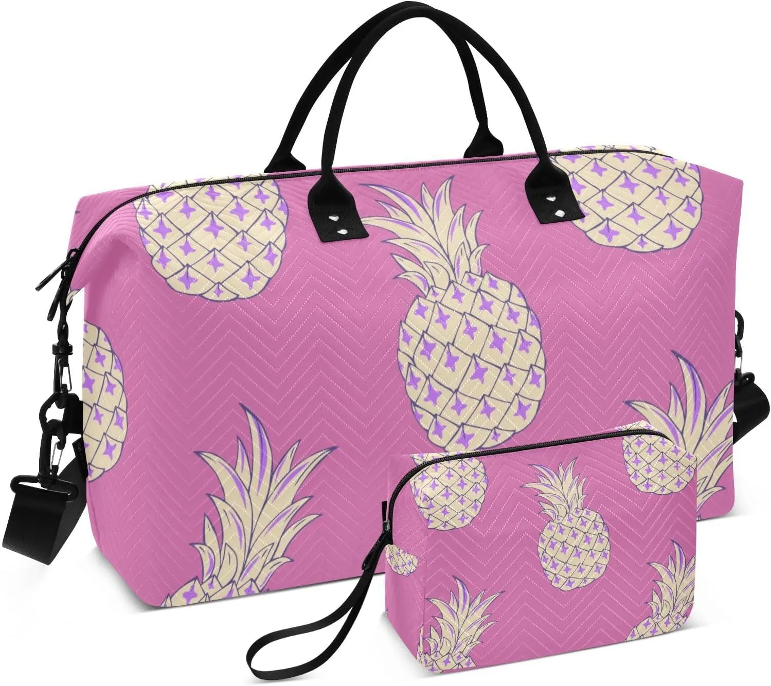 Tropic Pattern with Pineapple Duffle Bags for Women Men Waterproof Weekender Overnight Bags Hospital Bag Large Tote Bag with Toiletry Bag for Yoga Gym Travel Sport Hospital