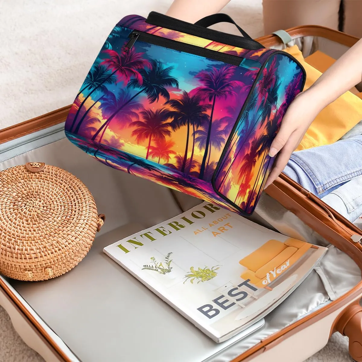 Tropical Palm Trees Hanging Toiletry Bags Travel Makeup Bag Water-resistant Makeup Cosmetic Bag Travel Organizer