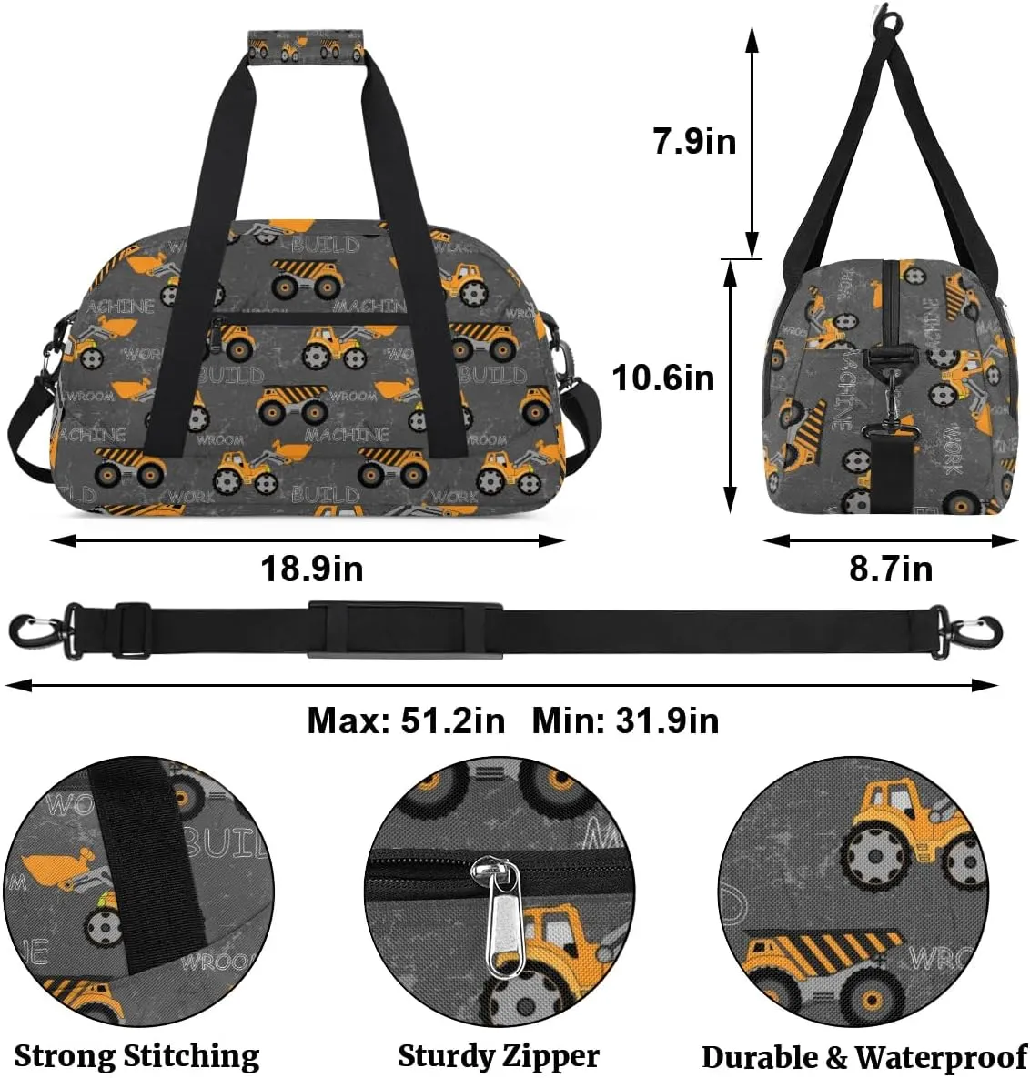Truck Tractor Cars Duffle Bags for boys Travel Weekender Overnight Bag Kids Sports Gym Bag Waterproof Work Out Bags Foldable Sleepover Gymnastics Bags Personality Boys Gift