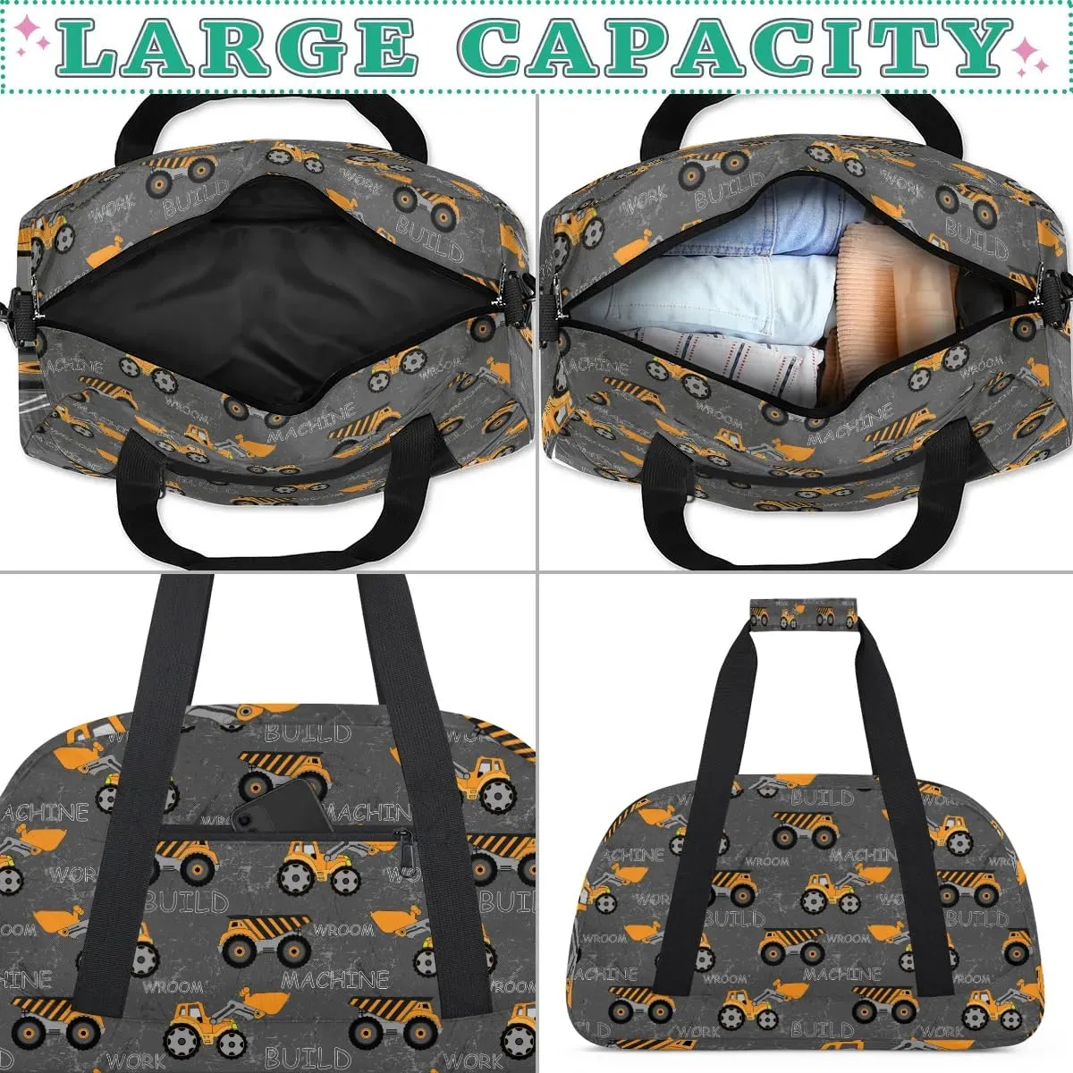 Truck Tractor Cars Duffle Bags for boys Travel Weekender Overnight Bag Kids Sports Gym Bag Waterproof Work Out Bags Foldable Sleepover Gymnastics Bags Personality Boys Gift