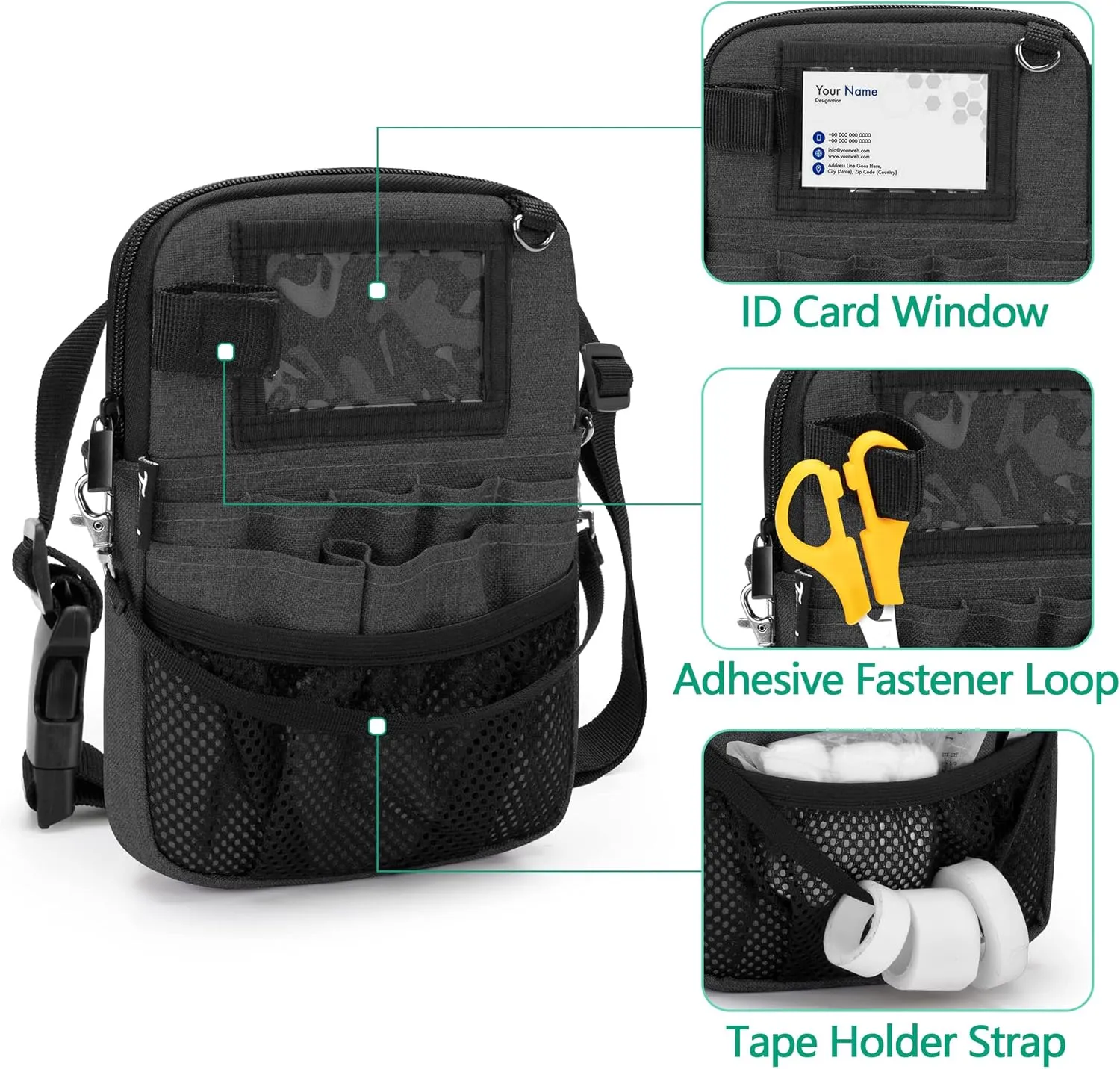 Trunab Nurse Fanny Pack with Tape Holder and Medical Gear Pockets, Utility Nurse Waist Storage Bag, with Adjustable Waist Strap, Nurse Belt Organizer Pouch for Stethoscopes, Scissors Black