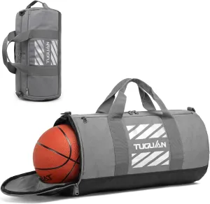 TUGUAN Basketball Gym Bags for Men Women Small Travel Duffle Bag Wet Pocket & Shoes Compartment Overnight Weekender Duffel Bag Sports Gym Tote bag Man 40L, grey