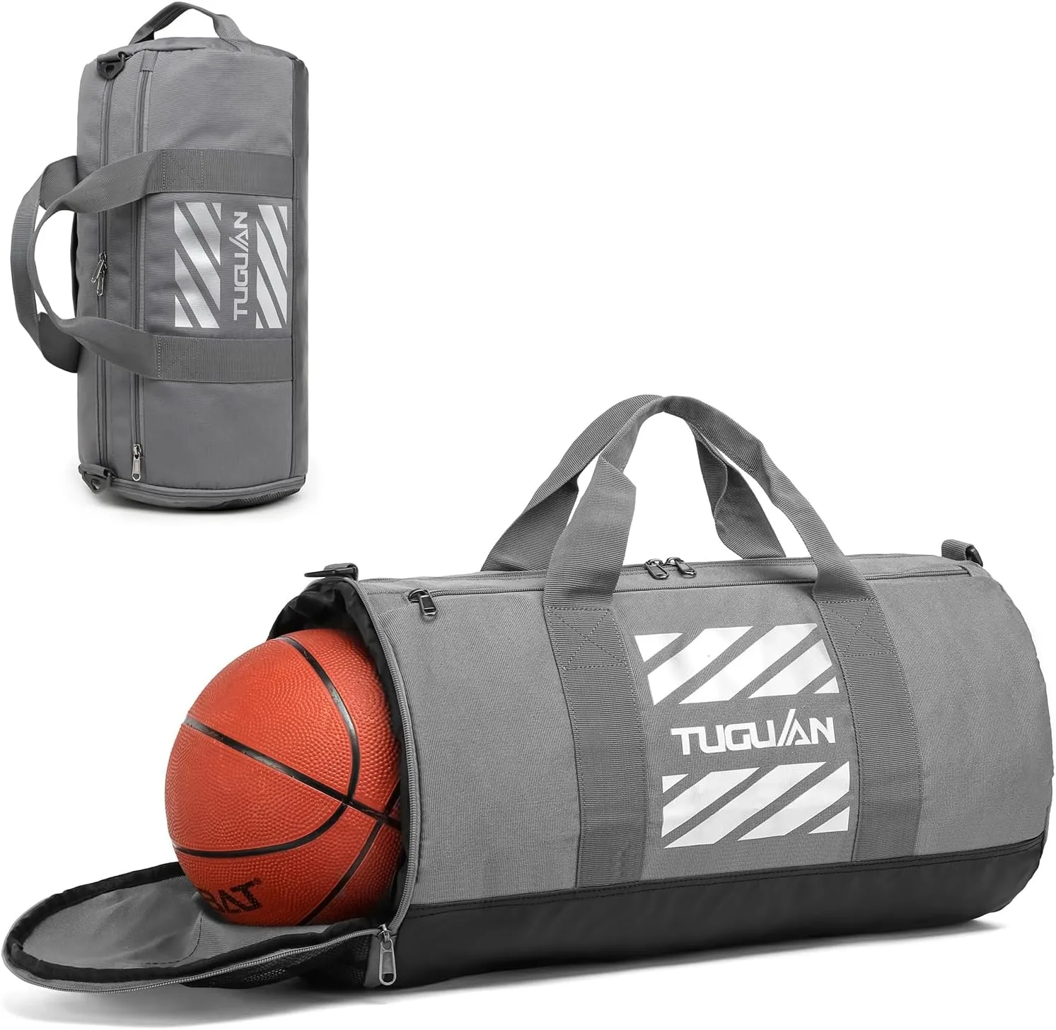 TUGUAN Basketball Gym Bags for Men Women Small Travel Duffle Bag Wet Pocket & Shoes Compartment Overnight Weekender Duffel Bag Sports Gym Tote bag Man 40L, grey