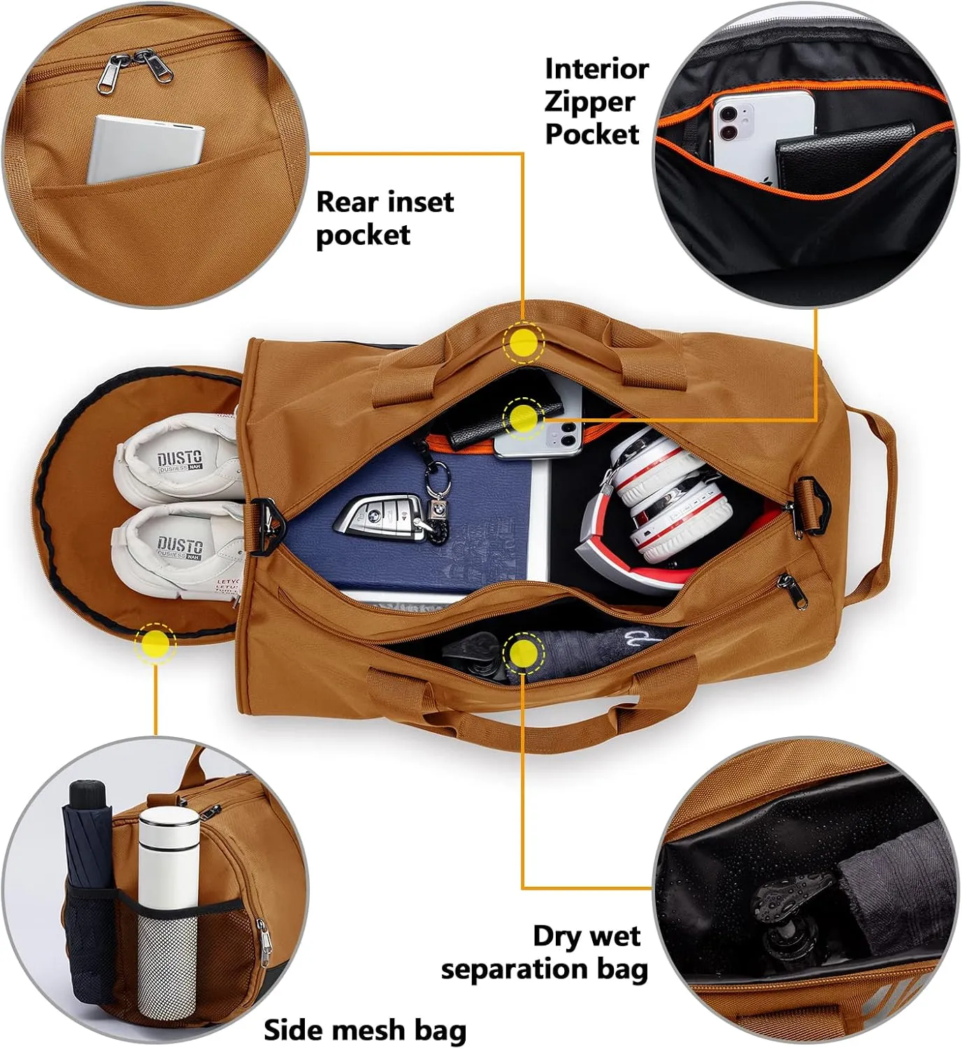 TUGUAN Gym Bags for Men Women Small Travel Duffle Bag with Wet Pocket & Shoes Compartment Overnight Weekender Duffel Bag Sports Gym Tote bag Man 40L, Brown