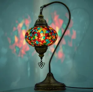 Turkish Moroccan Mosaic Swan Neck Lamp, Night Light, Tiffany Style, Vintage, Decorative Glass Table Lamp for Bedroom, Office, Living Room, Gift for Special Days/Person (Multi-Colored)