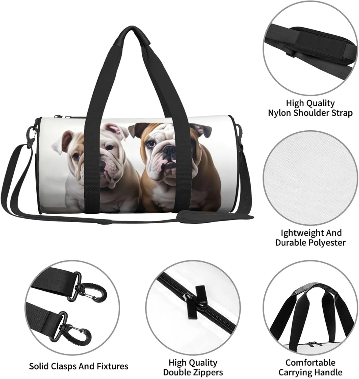 Two Cute Bulldog Dogs Travel Duffle Bag for Men Women Sport Gym Bag Foldable Weekender Bag Carry on Overnight Bag for Travel Swimming Basketball