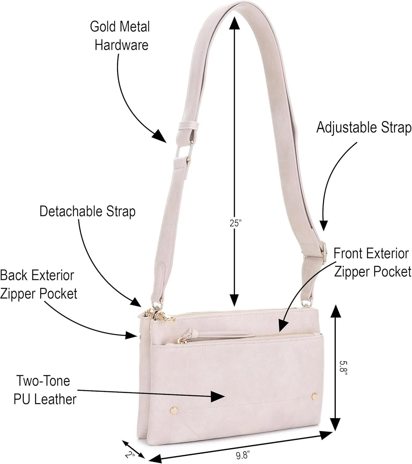 Two-Tone Multi-Compartment Crossbody Bag with Adjustable Detachable Strap, Gold Hardware, and Stitched Detailing