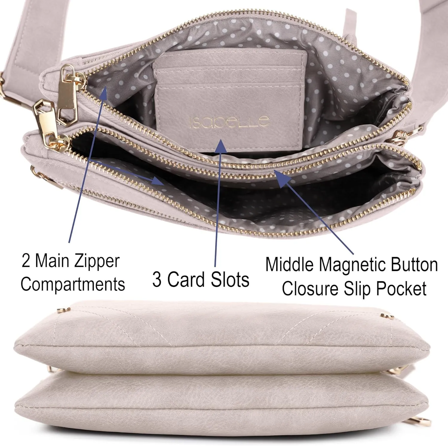 Two-Tone Multi-Compartment Crossbody Bag with Adjustable Detachable Strap, Gold Hardware, and Stitched Detailing