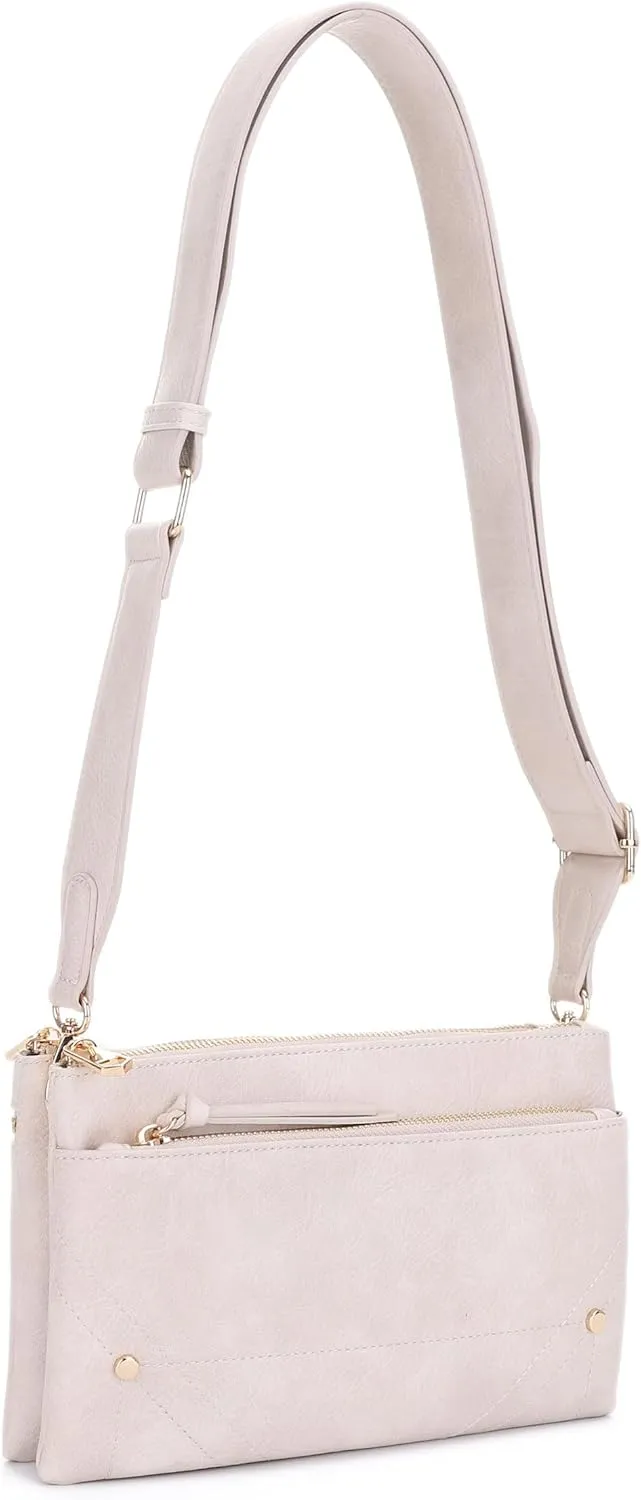 Two-Tone Multi-Compartment Crossbody Bag with Adjustable Detachable Strap, Gold Hardware, and Stitched Detailing