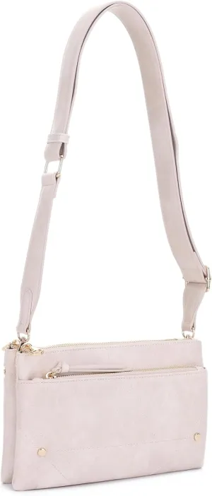 Two-Tone Multi-Compartment Crossbody Bag with Adjustable Detachable Strap, Gold Hardware, and Stitched Detailing