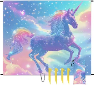 Unicorn Beach Blanket, Sandproof Beach Mat, 68 x 59 Waterproof Quick Drying Sand Free Mat with 4 x Ground Spikes for Outdoor Travel Camping Hiking, Rainbow Unicorns