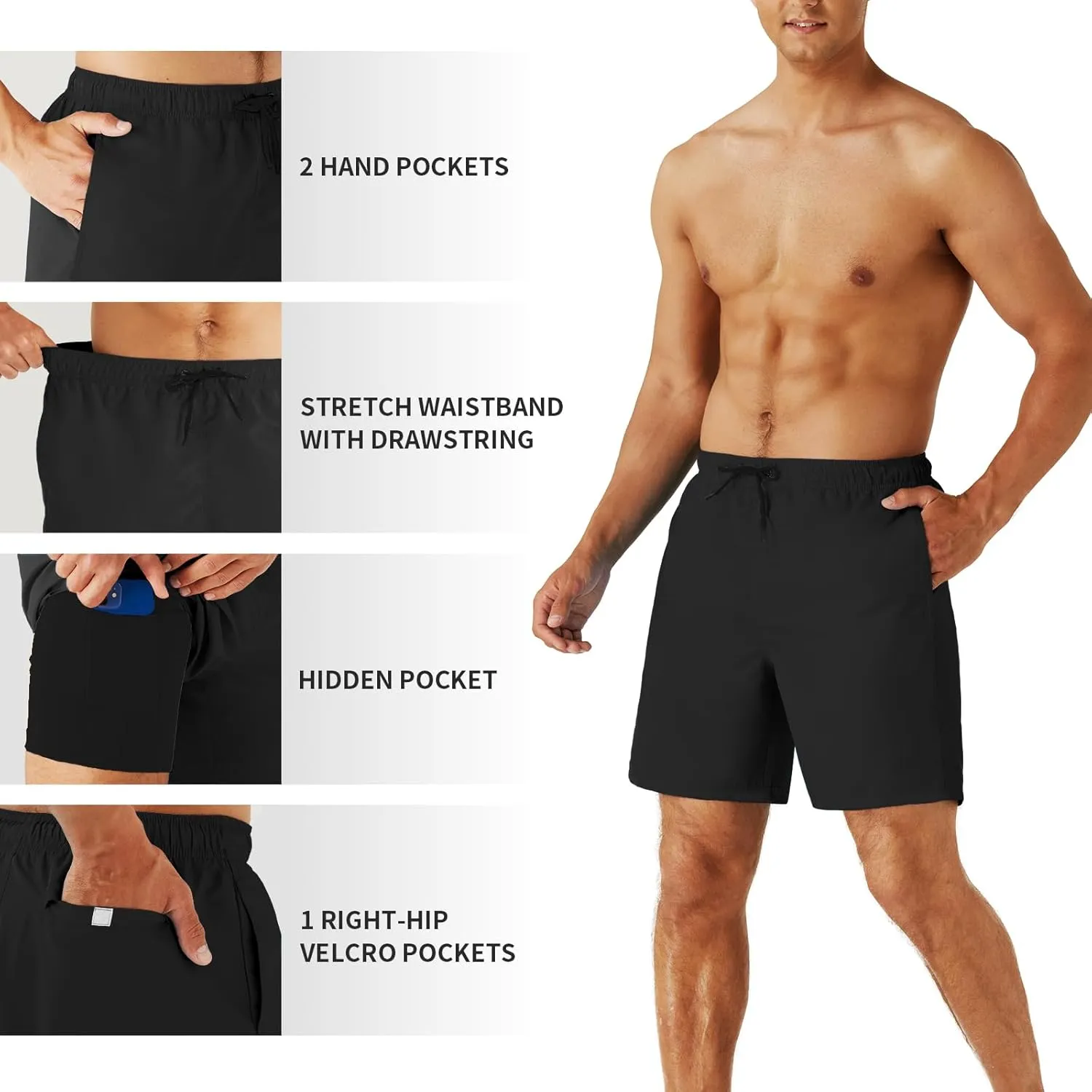 URBEST Men's Swim Trunks with Compression Liner Quick Dry Beach Shorts with Pockets for Beach and Swimming