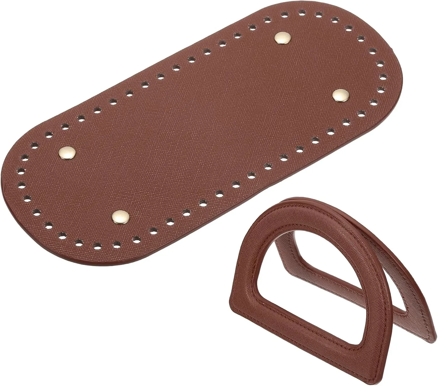 uxcell Crochet Bag Making Kit, 1Pcs 8.66" x 3.94" PU Leather Bag Bottom with 2Pcs D-Shaped Purse Handle Purse Making Supplies for DIY Woven Bag Crochet Handbag, Coffee
