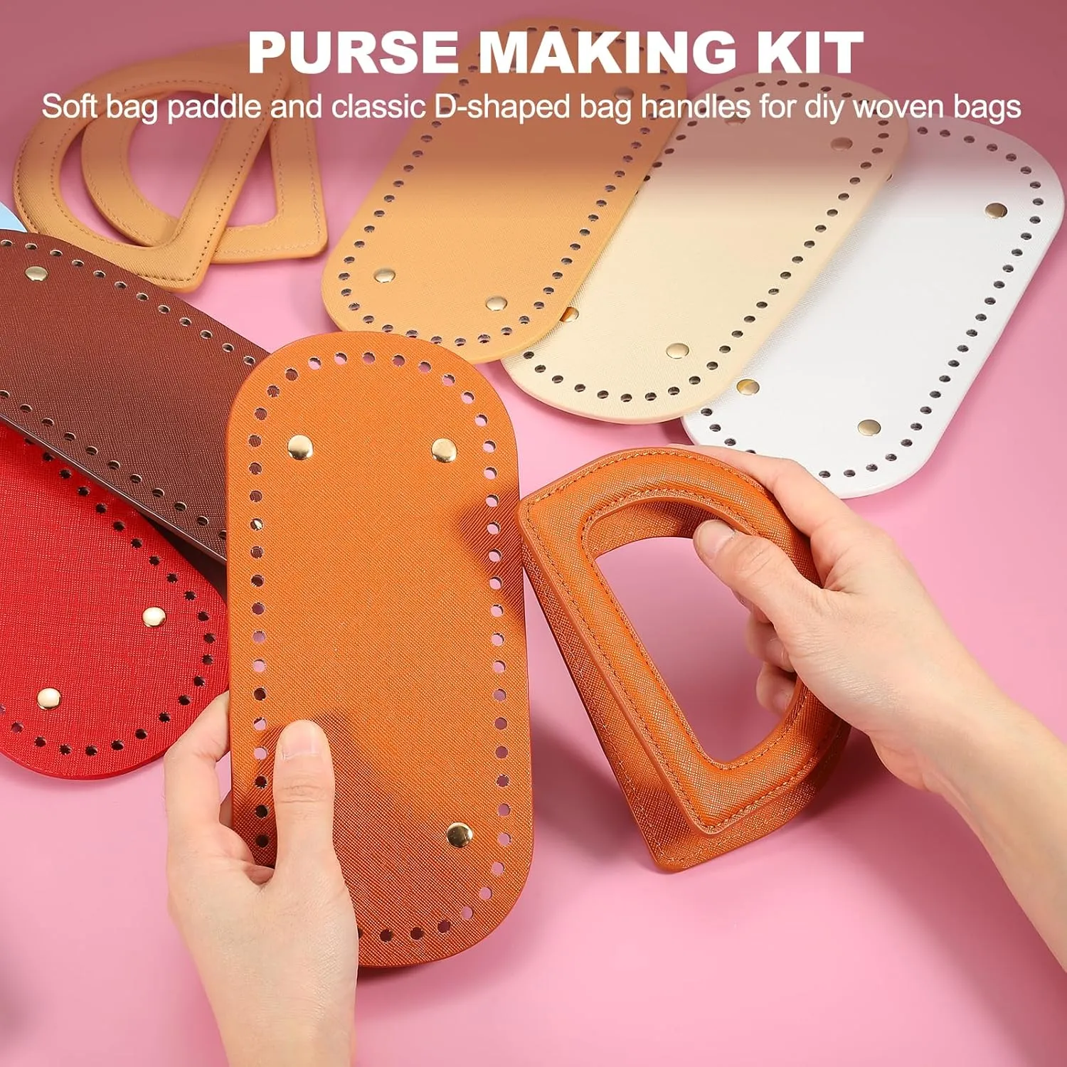 uxcell Crochet Bag Making Kit, 1Pcs 8.66" x 3.94" PU Leather Bag Bottom with 2Pcs D-Shaped Purse Handle Purse Making Supplies for DIY Woven Bag Crochet Handbag, Coffee