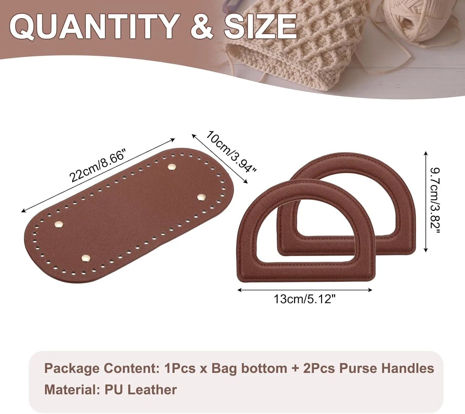 uxcell Crochet Bag Making Kit, 1Pcs 8.66" x 3.94" PU Leather Bag Bottom with 2Pcs D-Shaped Purse Handle Purse Making Supplies for DIY Woven Bag Crochet Handbag, Coffee