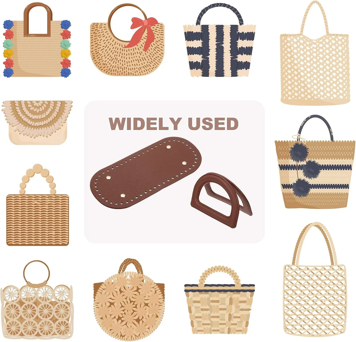 uxcell Crochet Bag Making Kit, 1Pcs 8.66" x 3.94" PU Leather Bag Bottom with 2Pcs D-Shaped Purse Handle Purse Making Supplies for DIY Woven Bag Crochet Handbag, Coffee