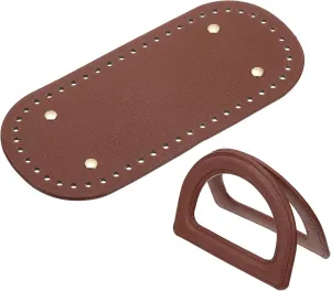 uxcell Crochet Bag Making Kit, 1Pcs 8.66" x 3.94" PU Leather Bag Bottom with 2Pcs D-Shaped Purse Handle Purse Making Supplies for DIY Woven Bag Crochet Handbag, Coffee