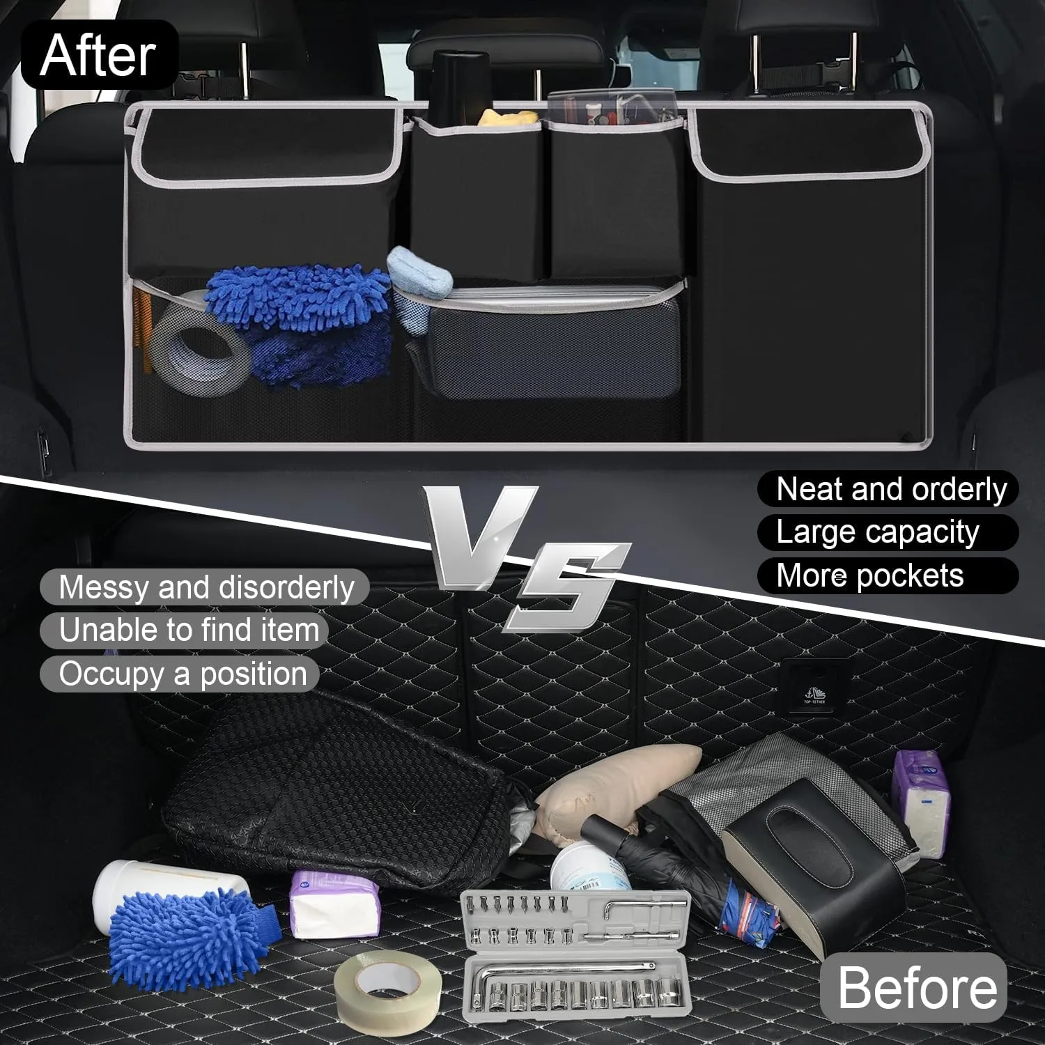 UYYE Trunk Hanging Organizer, Backseat Bag, Car Interior Accessories with 4 Pockets & 2 Mesh Pouches for Groceries, Will Provide More Storage Trunk Space for SUV, Jeep, MPVs