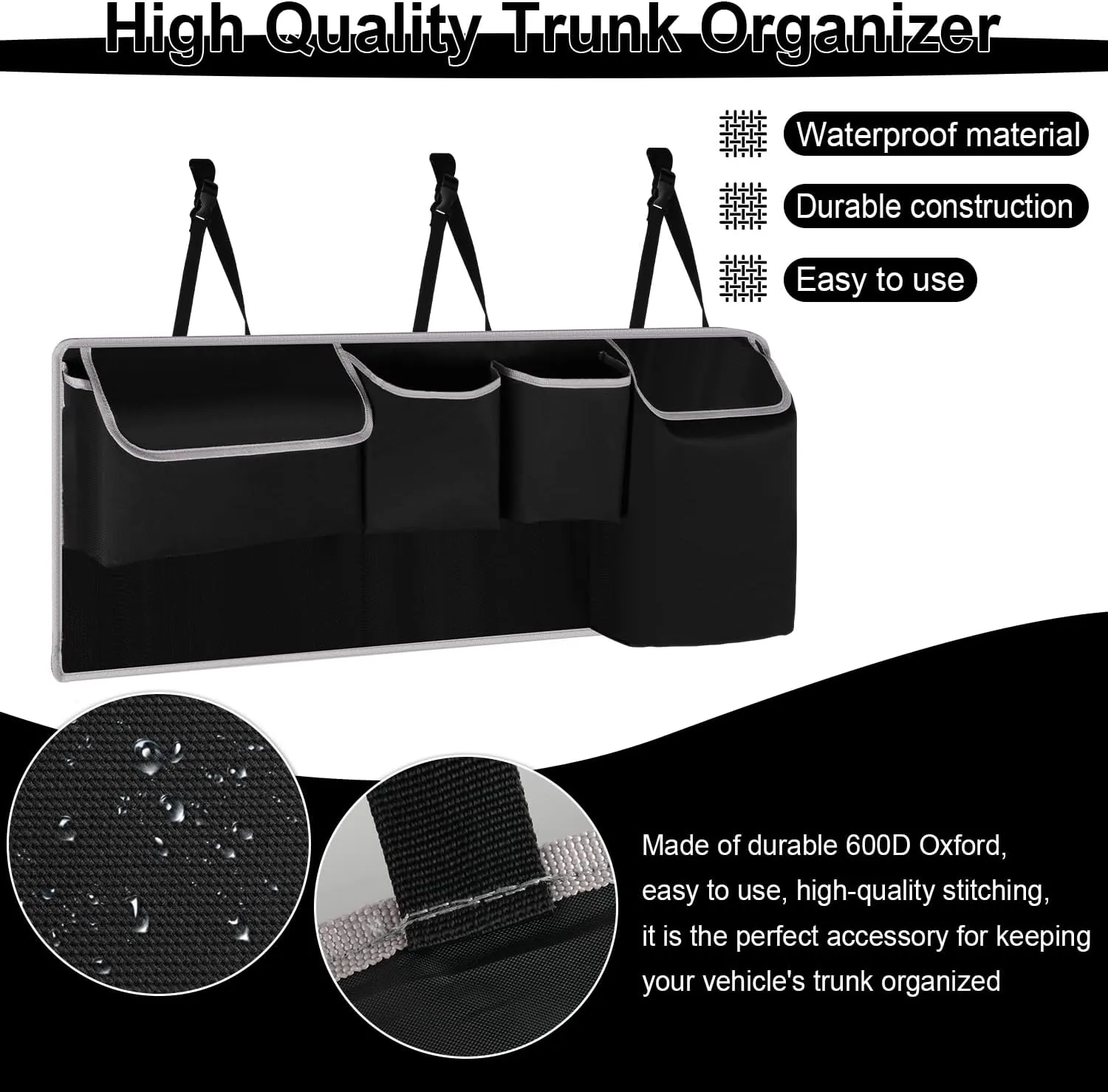 UYYE Trunk Hanging Organizer, Backseat Bag, Car Interior Accessories with 4 Pockets & 2 Mesh Pouches for Groceries, Will Provide More Storage Trunk Space for SUV, Jeep, MPVs