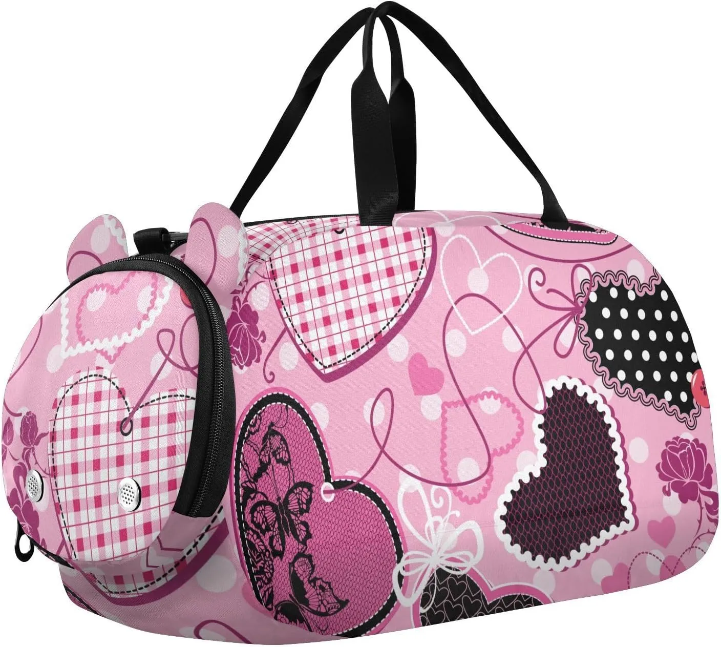 Valentine Pink and Black Hearts Duffel Bags for Boys Small Gym Bags for Teens Dance Bag for Girls