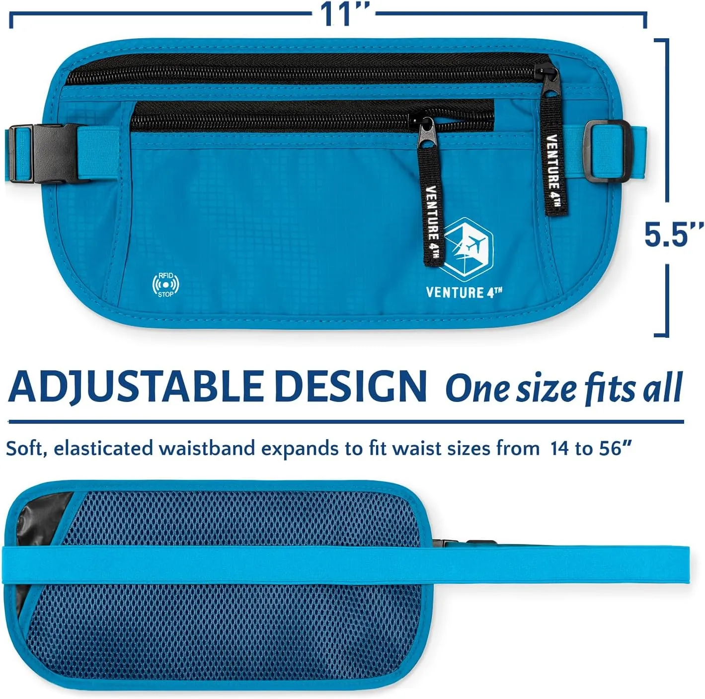 VENTURE 4TH RFID Money Belt for Boys and Girls - Hidden Passport Holder (Blue)