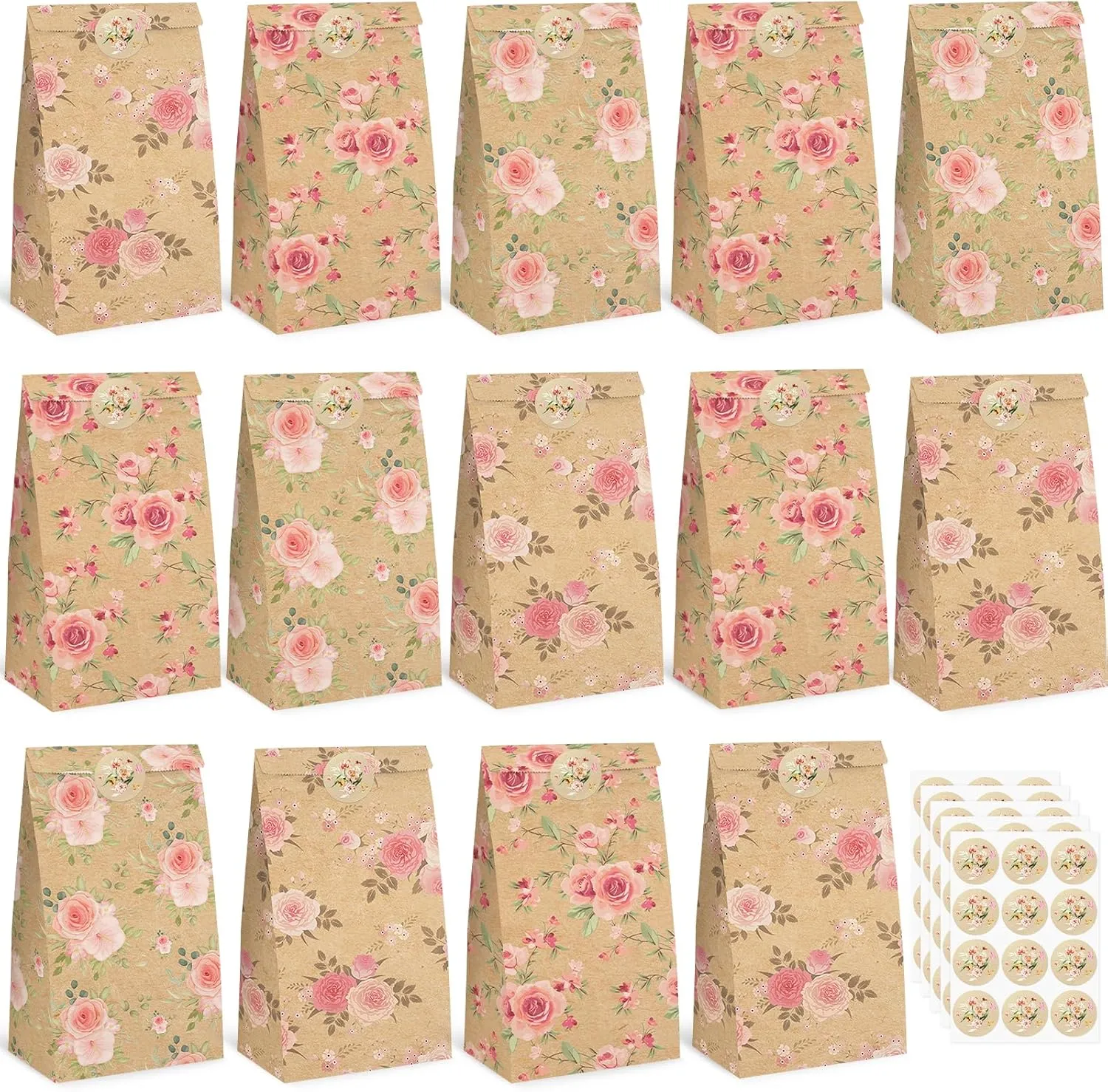 VGOODALL 54 Pack Inch Gift Bags with Stickers, 4.7x3.1x8.7 Inch Floral Party Favor Treat Bags for Wedding Baby Shower Birthday Bulk Gift Packaging Supplies