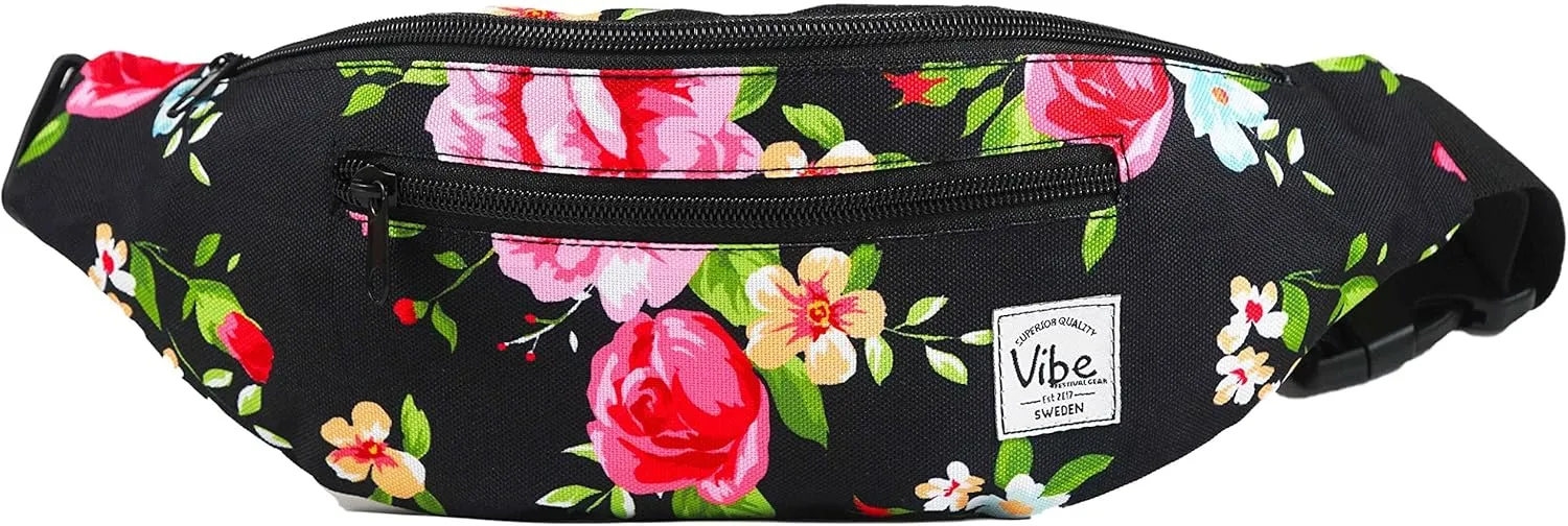 Vibe Festival Gear Fanny Pack for Men Women - Many Prints - Black Holographic Silver Gold Cute Waist Bag for Festival Rave Hiking Running Cycling