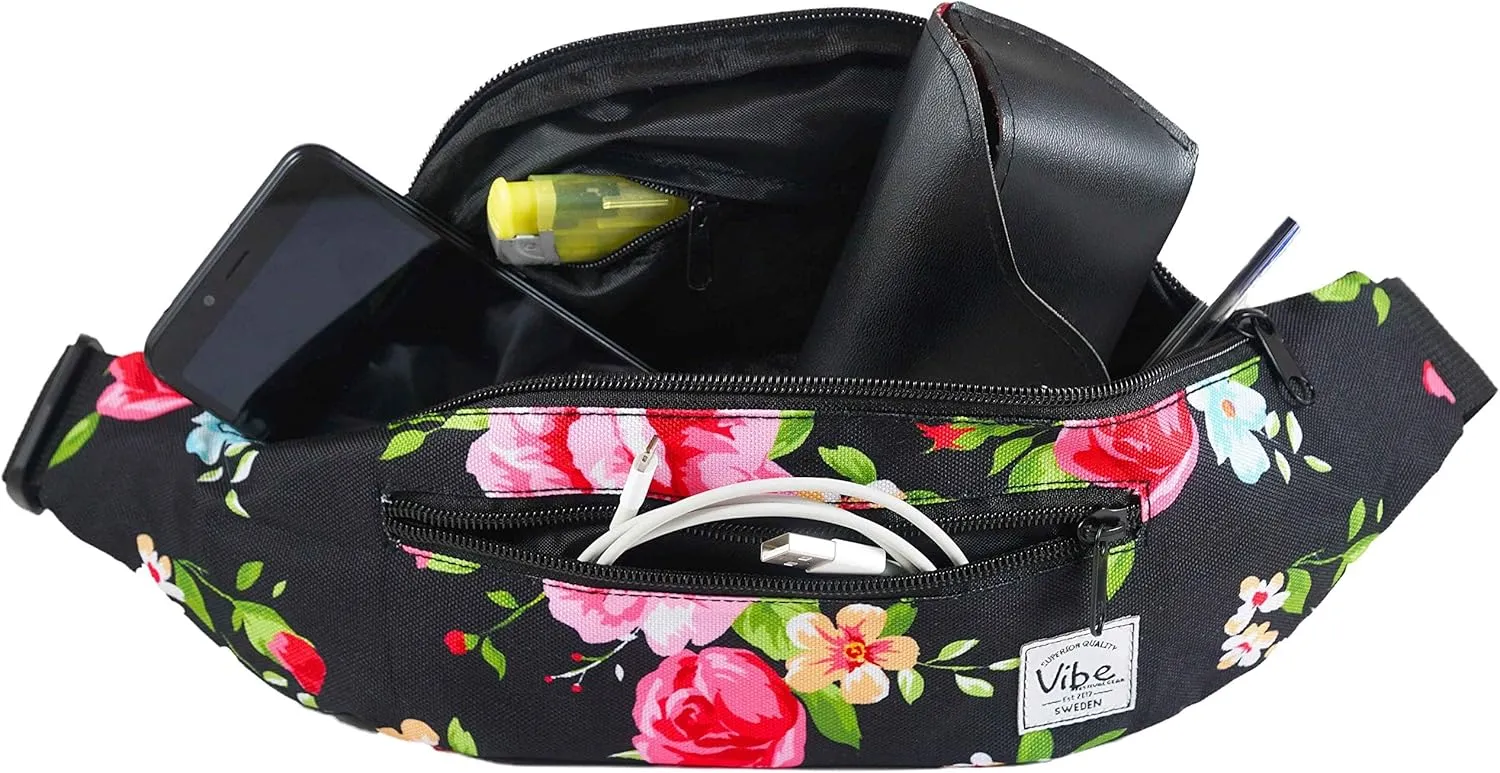 Vibe Festival Gear Fanny Pack for Men Women - Many Prints - Black Holographic Silver Gold Cute Waist Bag for Festival Rave Hiking Running Cycling