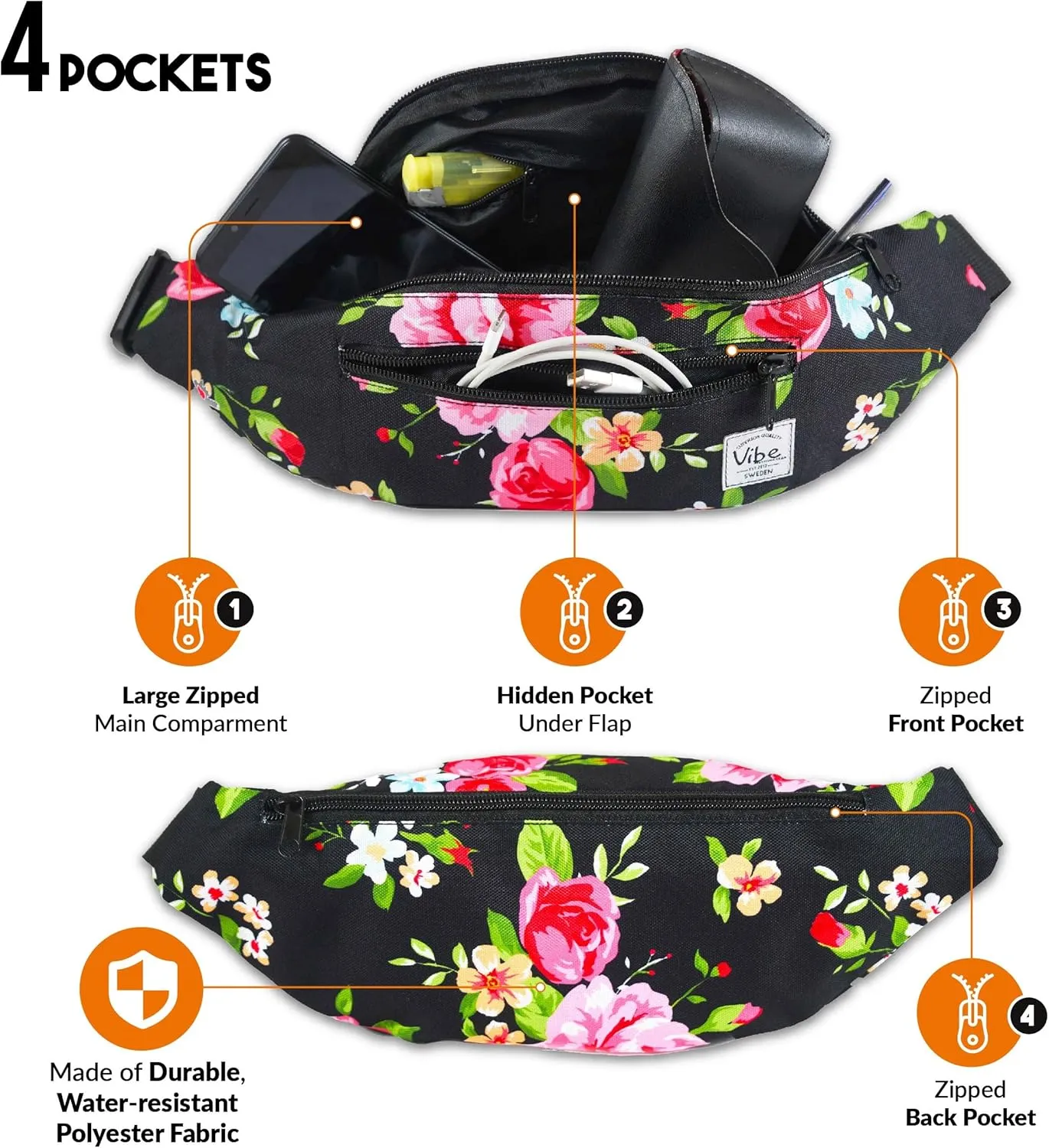 Vibe Festival Gear Fanny Pack for Men Women - Many Prints - Black Holographic Silver Gold Cute Waist Bag for Festival Rave Hiking Running Cycling
