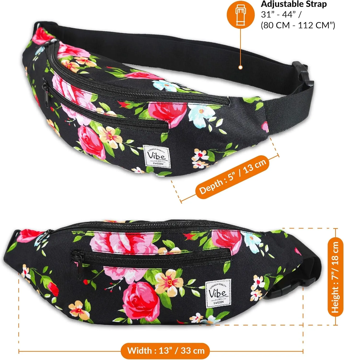Vibe Festival Gear Fanny Pack for Men Women - Many Prints - Black Holographic Silver Gold Cute Waist Bag for Festival Rave Hiking Running Cycling
